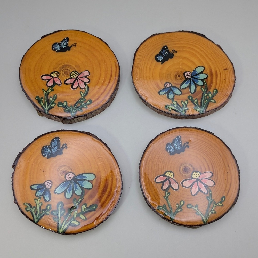 Hand Painted‎ Wood Slice Coasters Set of 4 Floral Butterfly Live Edge Rustic Art